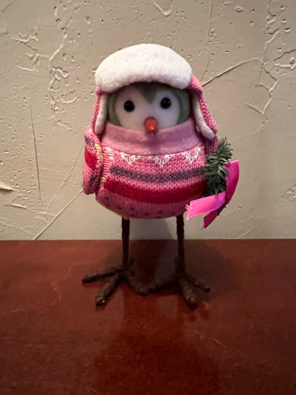 Pink Christmas Bird Figurine Winter Hat Sweater Wreath Holiday Tabletop Decor